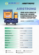 Airstrong 15HP 415V/50Hz 10 Bar 3 in 1 Screw Compressor with Tank & Air Dryer | Model : A-ASPMTD15A Air Compressor Airstrong