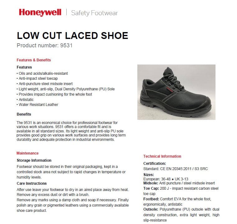 Honeywell S3 SRC Low Cut Ankle Laced Safety Shoe | Model : SHOE-H9531, UK Sizes : #5 (38) - #12 (47)