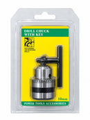 Aiko 3/8" drill chuck with key, two-piece set, for secure bit holding, shown with metal body and keyed tightening mechanism.