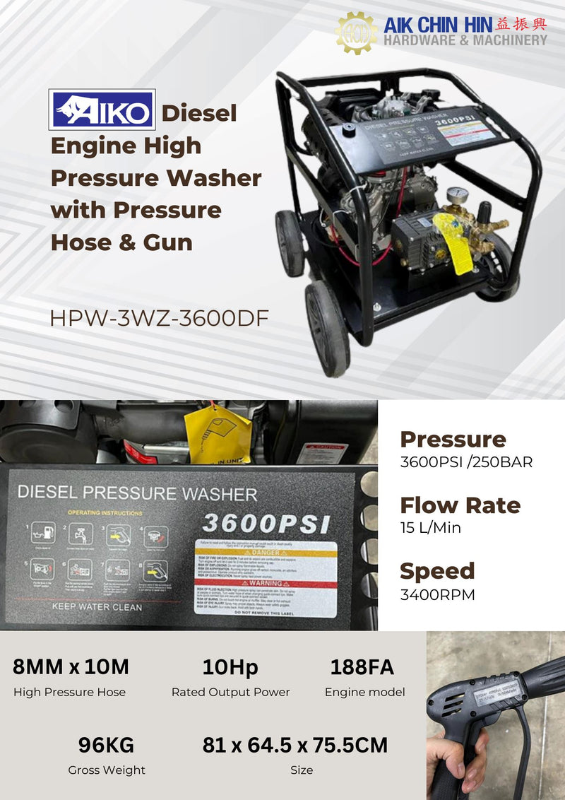 Aiko 10HP, 250BAR 188FA Diesel Engine High Pressure Washer Come with 10m Pressure Hose & Gun | Model : HPW-3WZ-3600DF High Pressure Pump Aiko 