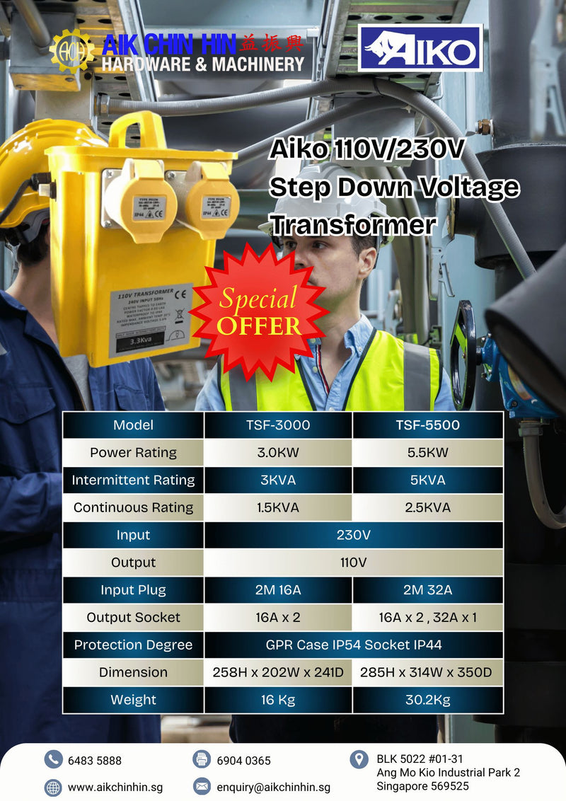 Aiko 110V/230V Step Down Voltage Transformer | Model : TSF- Transformer Aiko 