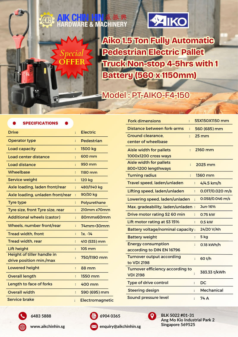 Aiko 1.5 Ton Fully Automatic Pedestrian Electric Pallet Truck Non-stop 4-5hrs with 1 Battery (560 x 1150mm) | Model : PT-AIKO-F4-150 Pallet Truck Aiko 