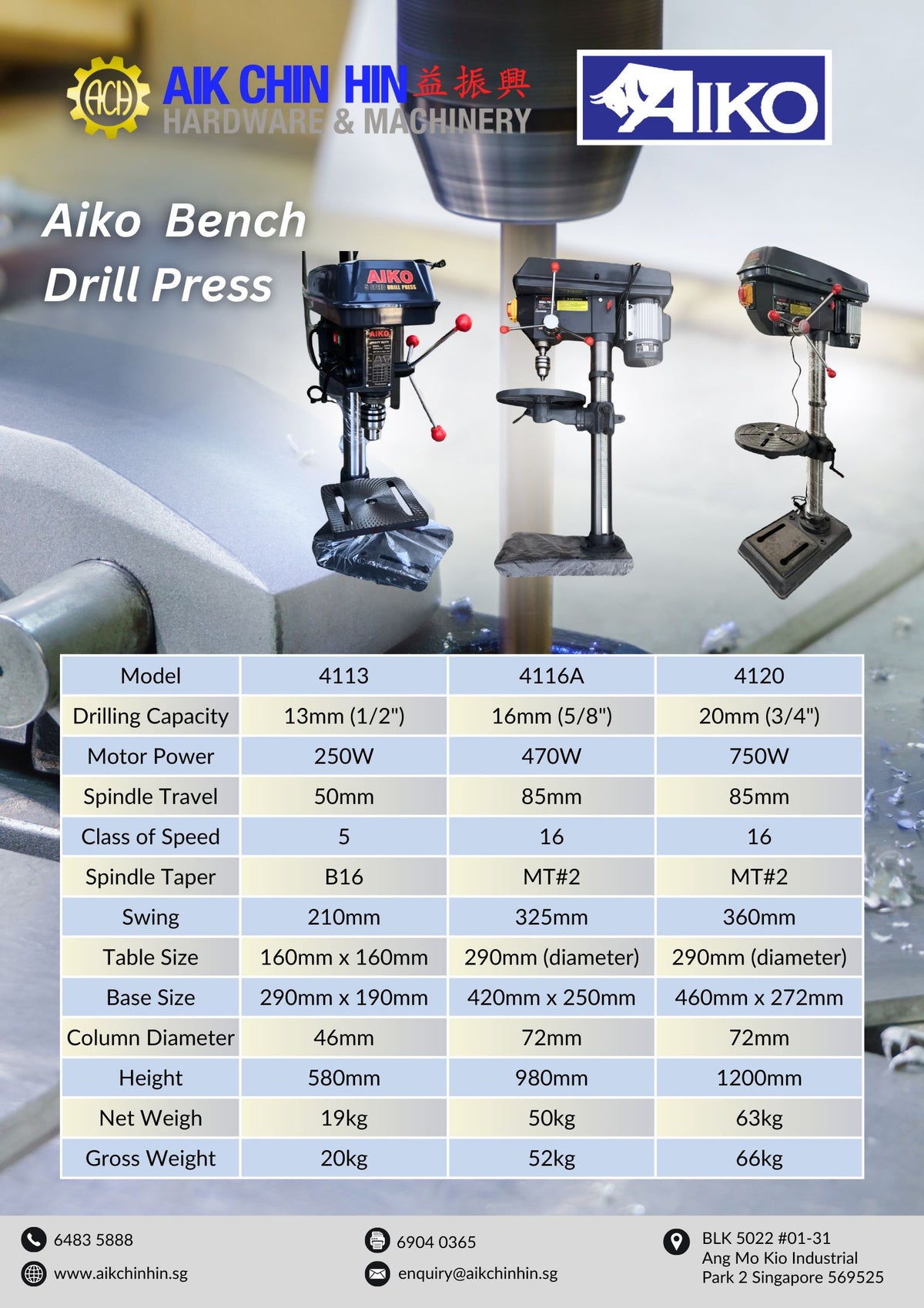 Aiko 16mm Bench Drill Press | Model : 4116 | Type : With motor, No Mot