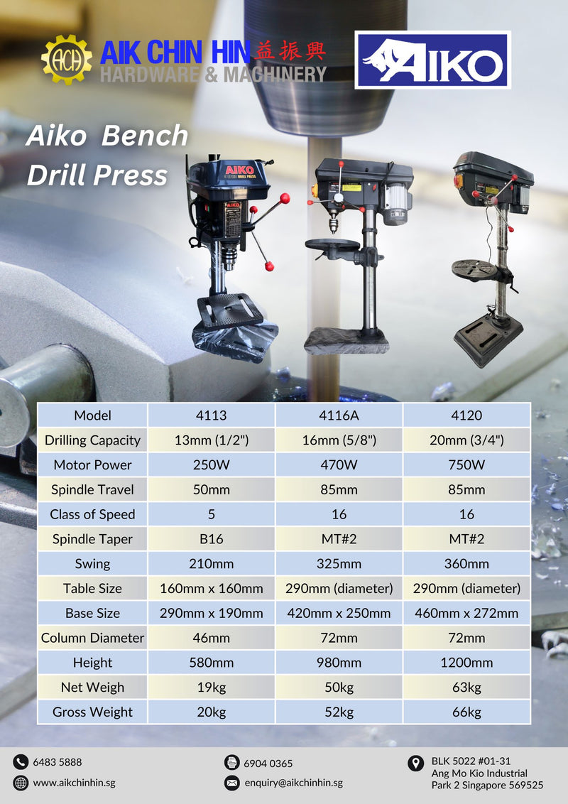 Aiko 16mm Bench Drill Press | Model : 4116 | Type : With motor, No Motor Bench Drill Press Aiko 