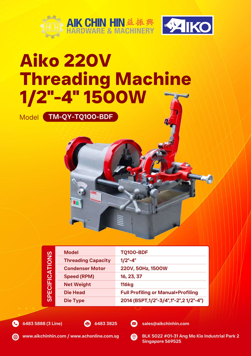 Aiko 220V Threading Machine 1/2"-4" 1500W | Model : TM-QY-TQ100-BDF Threading Machine Aiko 