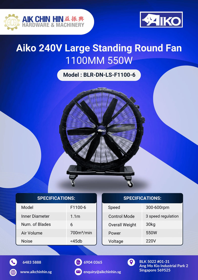 Aiko 240V Large Standing Round Fan 1100MM 550W | Model: BLR-DN-LS-F1100-6 Standing Fan Aiko 