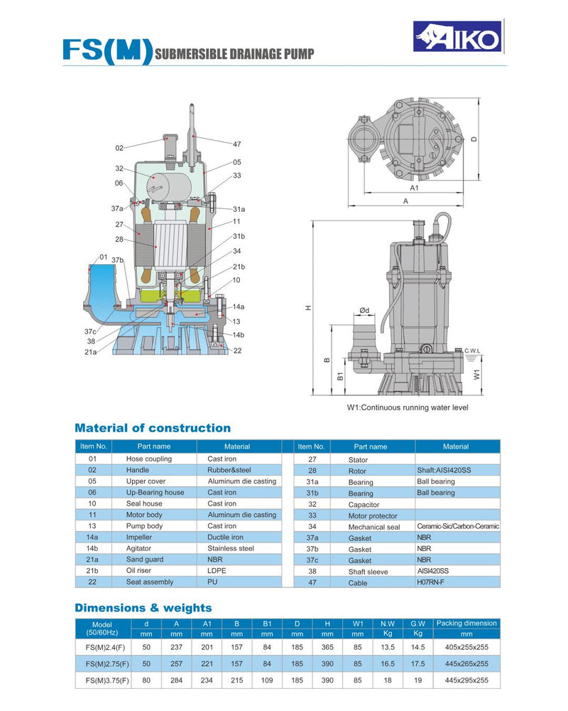 Aiko 3" Submersible Drainage Pump | Model: WP-FSM Submersible Pump Aiko 