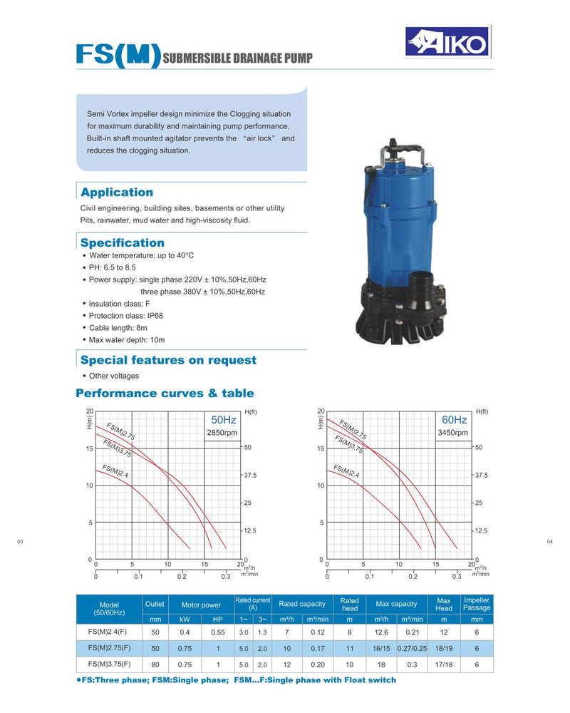 Aiko 3" Submersible Drainage Pump | Model: WP-FSM Submersible Pump Aiko 