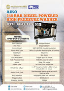 Aiko 345 Bar diesel-powered high pressure washer with gear box, showing the industrial pressure washer and its components.