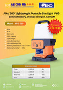Aiko 360° Lightweight Portable Site Light IP66 (1X Small Battery, 1X Single Charger) , 6,000LM | Model: APS-200 Tower Light Aiko 