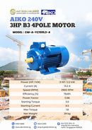 Aiko 3HP 240V B3 4Pole Motor | Model : CM-A-YC100L2-4 Motor Aiko 