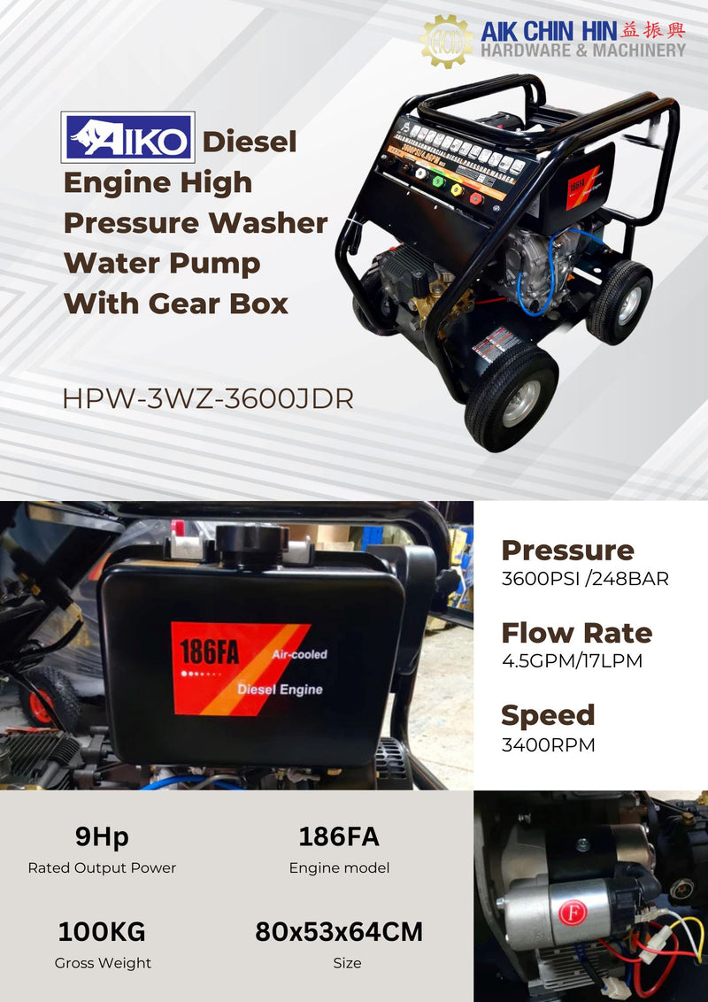 Aiko 3WZ-3600JDR 200 Bars Diesel Pressure Washer Water Pump With Gear Box 3WZ-3600JDR | Model: HPW-3WZ-3600JDR Bar High Pressure Cleaner Aiko 