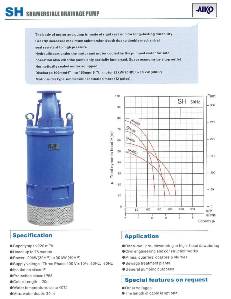 Aiko 4" 30HP (2.2KW) 415V Submersible Drainage Pump | Model : WP-SH422 Submersible Pump Aiko 