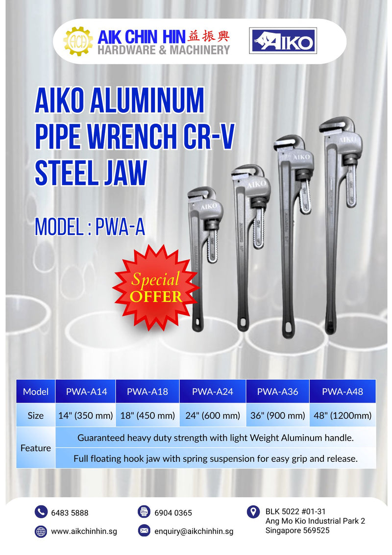 Aiko Aluminum Pipe Wrench CR-V Steel Jaw | Model : PWA-A Aluminum pipe wrench Aiko 
