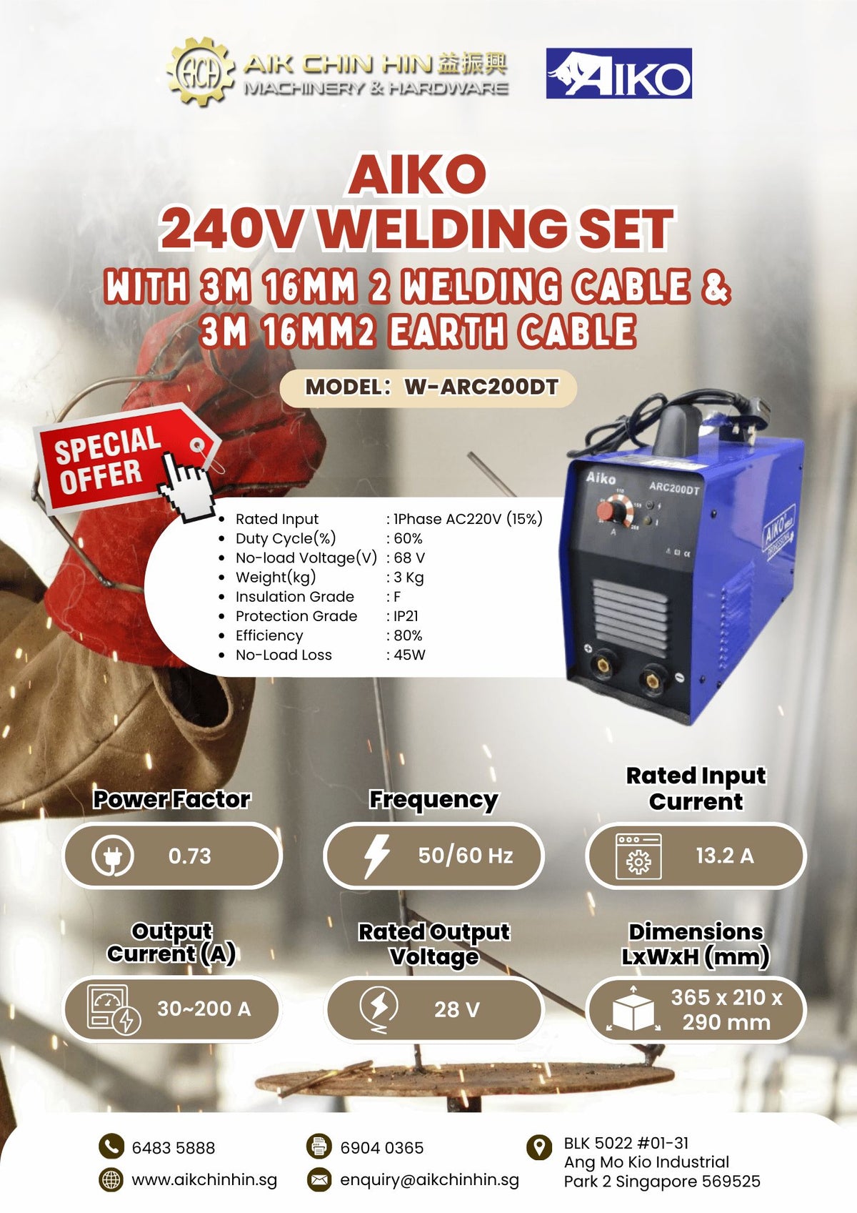 aikoページ AIKO ARC200DT 240V Welding Set Come with 3m 16mm 2 Welding Cable & 3m