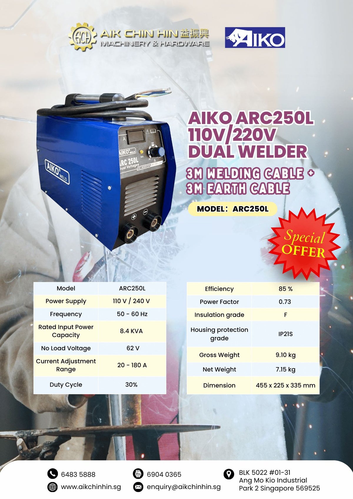 Aiko Arc250L 110V/220V Dual Welder 3M Welding Cable+3M Earth Cable | M
