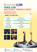 Aiko ATL-300-3.1M battery tower light with 14,000 lumens, portable one-man site light, 3.1m height, IP66 weatherproof.