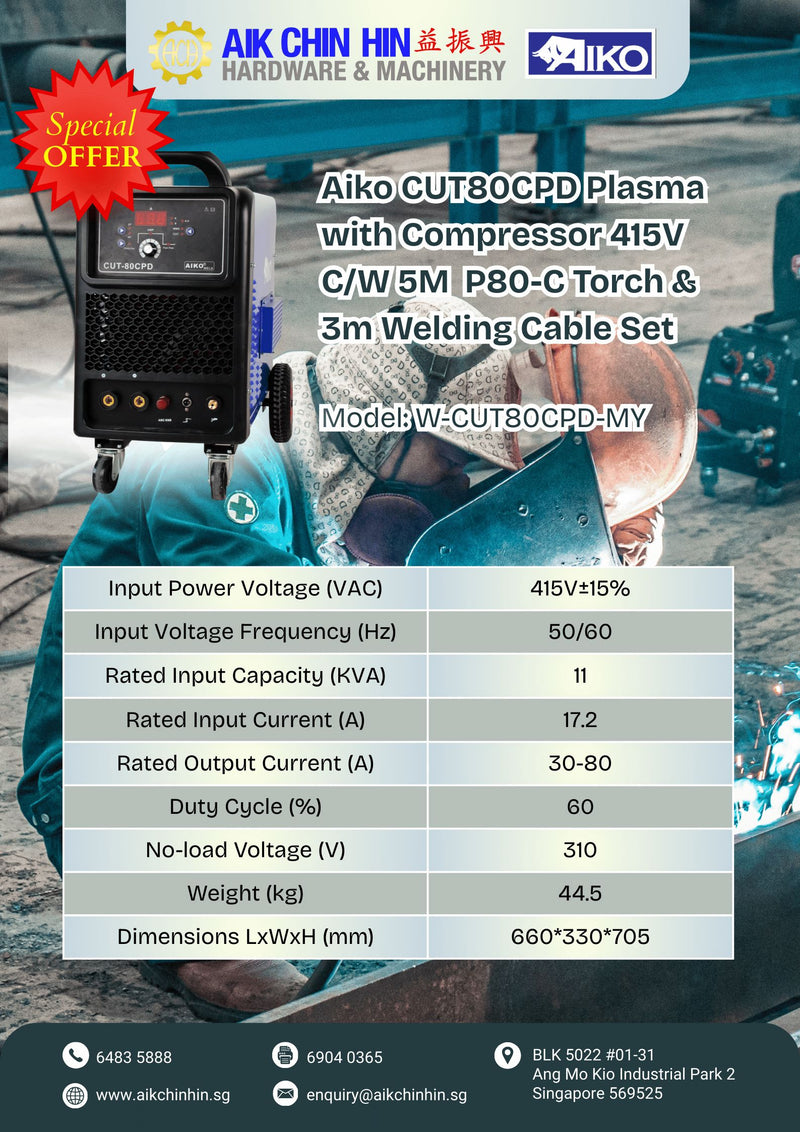 Aiko CUT80CPD Plasma with Compressor 415V C/W 5M P80-C Torch & 3m Welding Cable Set | Model: W-CUT80CPD-MY Plasma Cutting Machine Aiko 