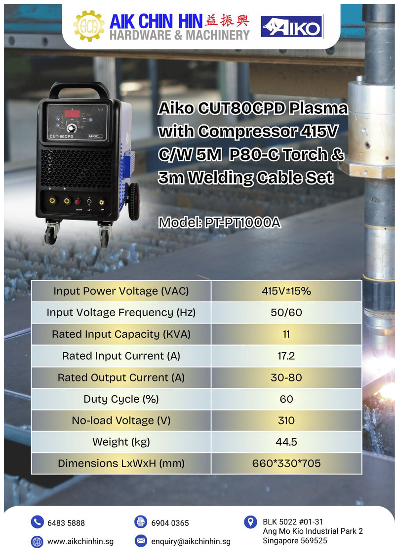 Aiko CUT80CPD Plasma with Compressor 415V C/W 5M P80-C Torch & 3m Welding Cable Set | Model: W-CUT80CPD-MY Plasma Cutting Machine Aiko 