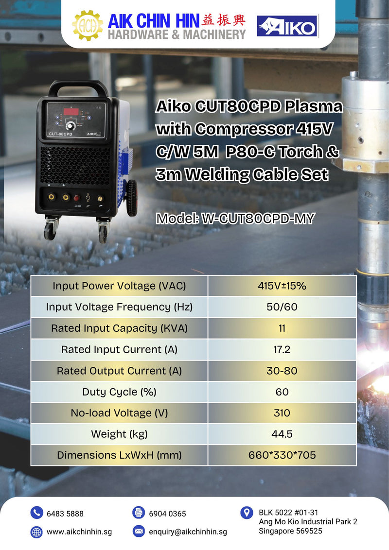 Aiko CUT80CPD Plasma with Compressor 415V C/W 5M P80-C Torch & 3m Welding Cable Set | Model: W-CUT80CPD-MY Plasma Cutting Machine Aiko 