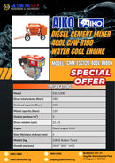 Aiko Diesel Cement Mixer 400L c/w R180 Water Cool Engine | Model: CMX-ESC120-400L-R180N Cement Mixer Aiko 