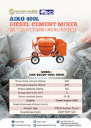 Aiko Diesel Cement Mixer 400L c/w R180 Water Cool Engine | Model: CMX-ESC120-400L-R180N Cement Mixer Aiko 
