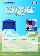 Aiko Gazebo Tent 3X3m With Semi-Automatic White SQ Frame / Black Hex Frame And 3 Side Cover (Blue Canvas) | Model: TENT-3X3M-C / TENT-3X3M-C-H Gazebo Tent Aiko 