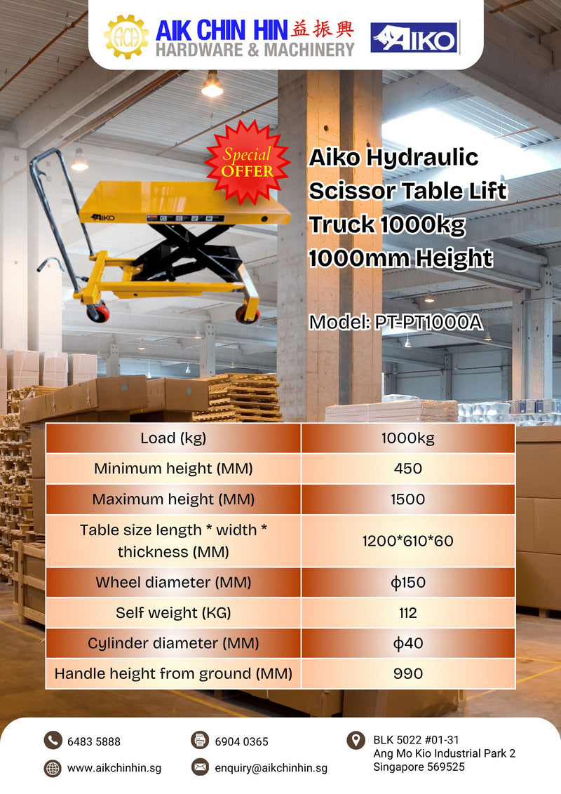 Aiko Hydraulic Scissor Table Lift Truck 1000kg 1000mm Height | Model: PT-PT1000A Scissor Table Lift Truck Aiko 