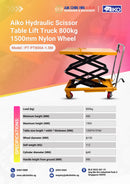 Aiko Hydraulic Scissor Table Lift Truck 800kg 1500mm Nylon Wheel | Model: PT-PT800A-1.5M Scissor Table Lift Truck Aiko 