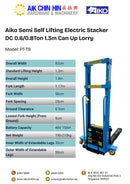 Aiko Semi Self Lifting Electric Stacker DC 0.6Ton /0.8Ton 1.3m Can Up Lorry | Model: PT-TB Semi Electric Stacker Aiko 