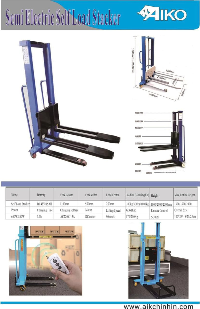 Aiko Semi Self Lifting Electric Stacker DC 0.6Ton /0.8Ton 1.3m Can Up Lorry | Model: PT-TB Semi Electric Stacker Aiko 