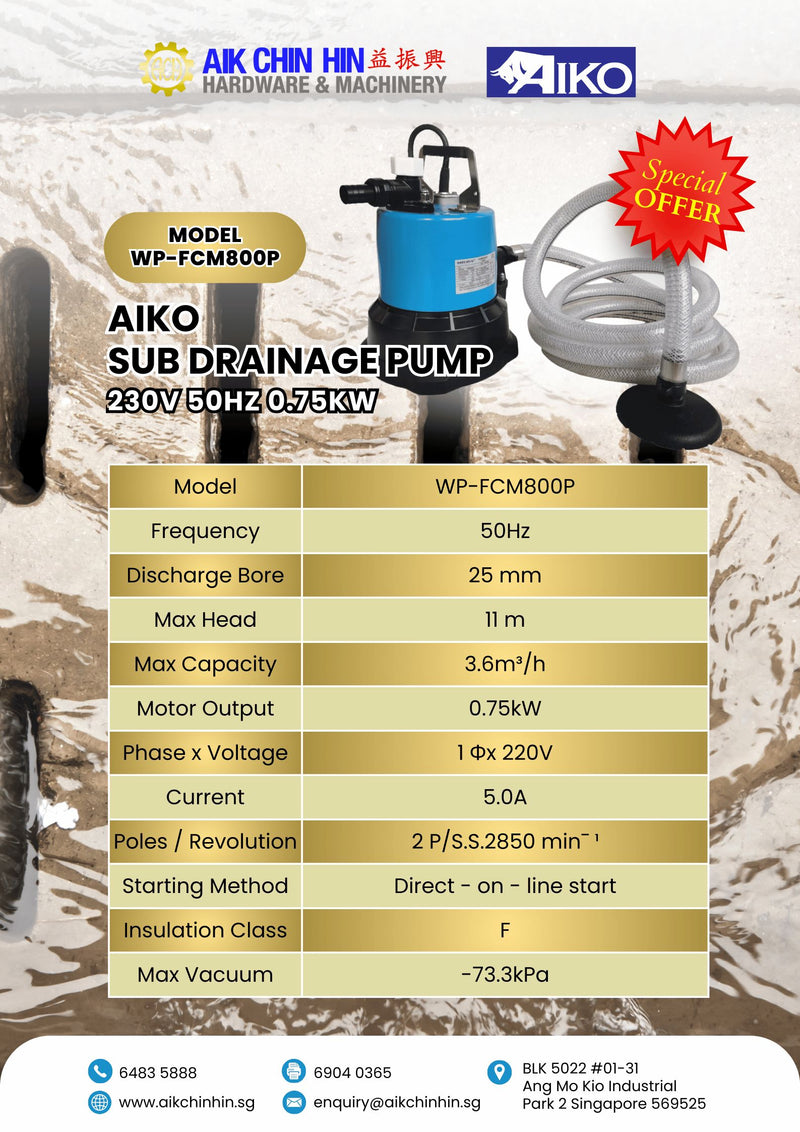 Aiko Submersible Drainage Pump 230V 50HZ 0.75KW | Model: WP-FCM800P Submersible Pump Aiko 