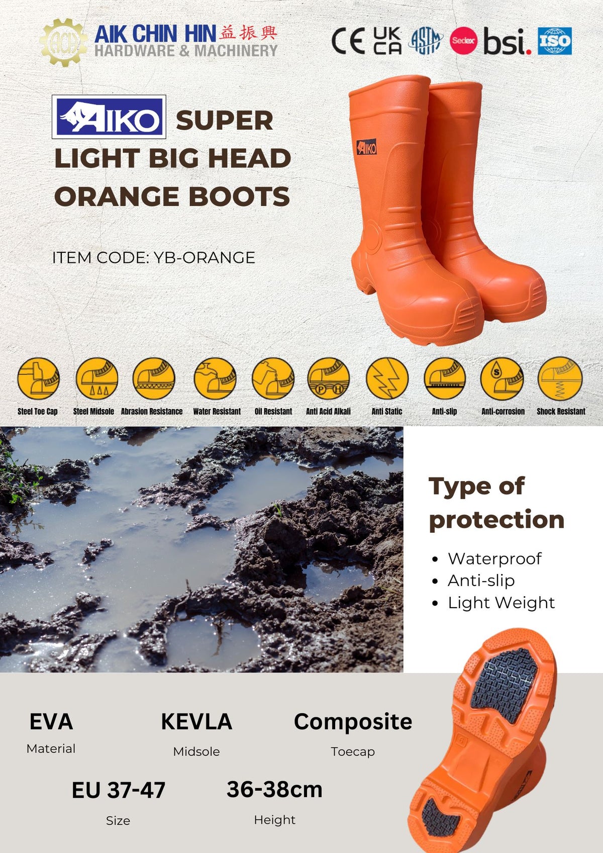 aya✧︎* Aiko Super Light Big Head Boots C/W Compo Toe & Kavlar Plate (Orange)