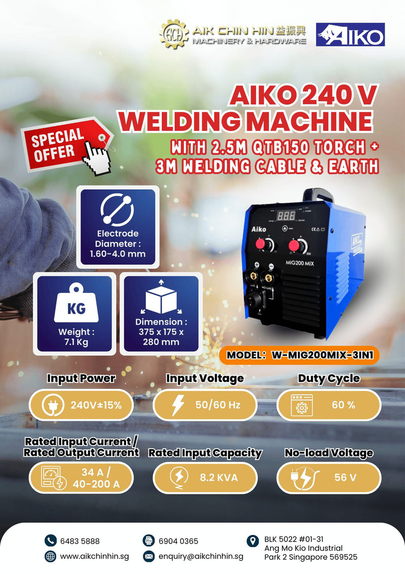 Aiko Multi Process Welding Machine MIG200MIX 240V C/W 2.5m QTB150 Torc