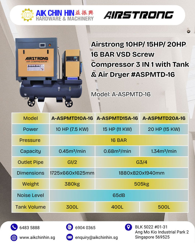 Airstrong 10HP/ 15HP/ 20HP 16 BAR VSD Screw Compressor 3 IN 1 with Tank &amp; Air Dryer