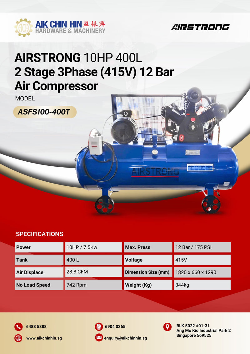 AIRSTRONG 10HP 400L 2 Stage 3Phase (415V) 12 Bar Air Compressor | Model : ASFS100-400T Air Compressor AIRSTRONG 