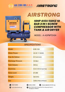 Airstrong 10HP 415V/50Hz 10 Bar 3 in 1 Screw Compressor with Tank & Air Dryer | Model : A-ASPMTD10A Air Compressor Airstrong 