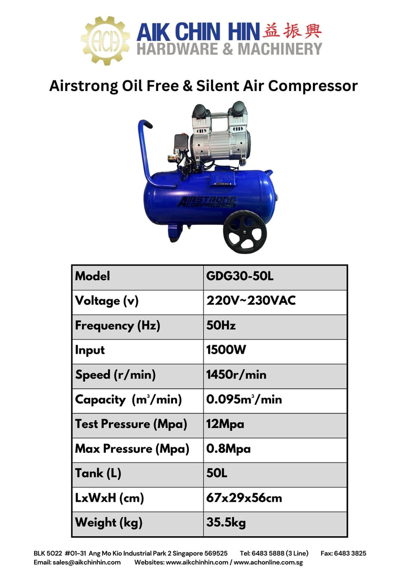 Airstrong 1500W 50L 240V Oil Free & Silent Air Compressor | Model : GDG30-50L Air Compressor Airstrong 