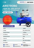 Airstrong 1500W 50L 240V Oil Free & Silent Air Compressor | Model : GDG30-50L Air Compressor Airstrong 
