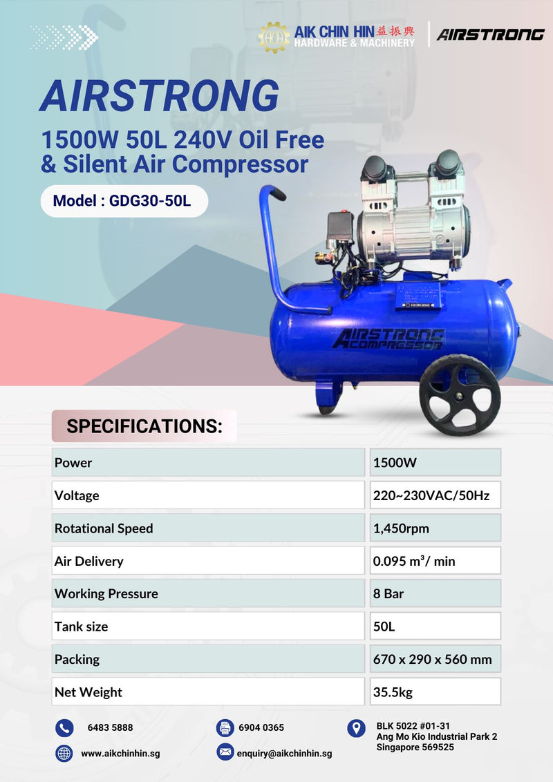 Airstrong 1500W 50L 240V Oil Free & Silent Air Compressor | Model : GDG30-50L Air Compressor Airstrong 