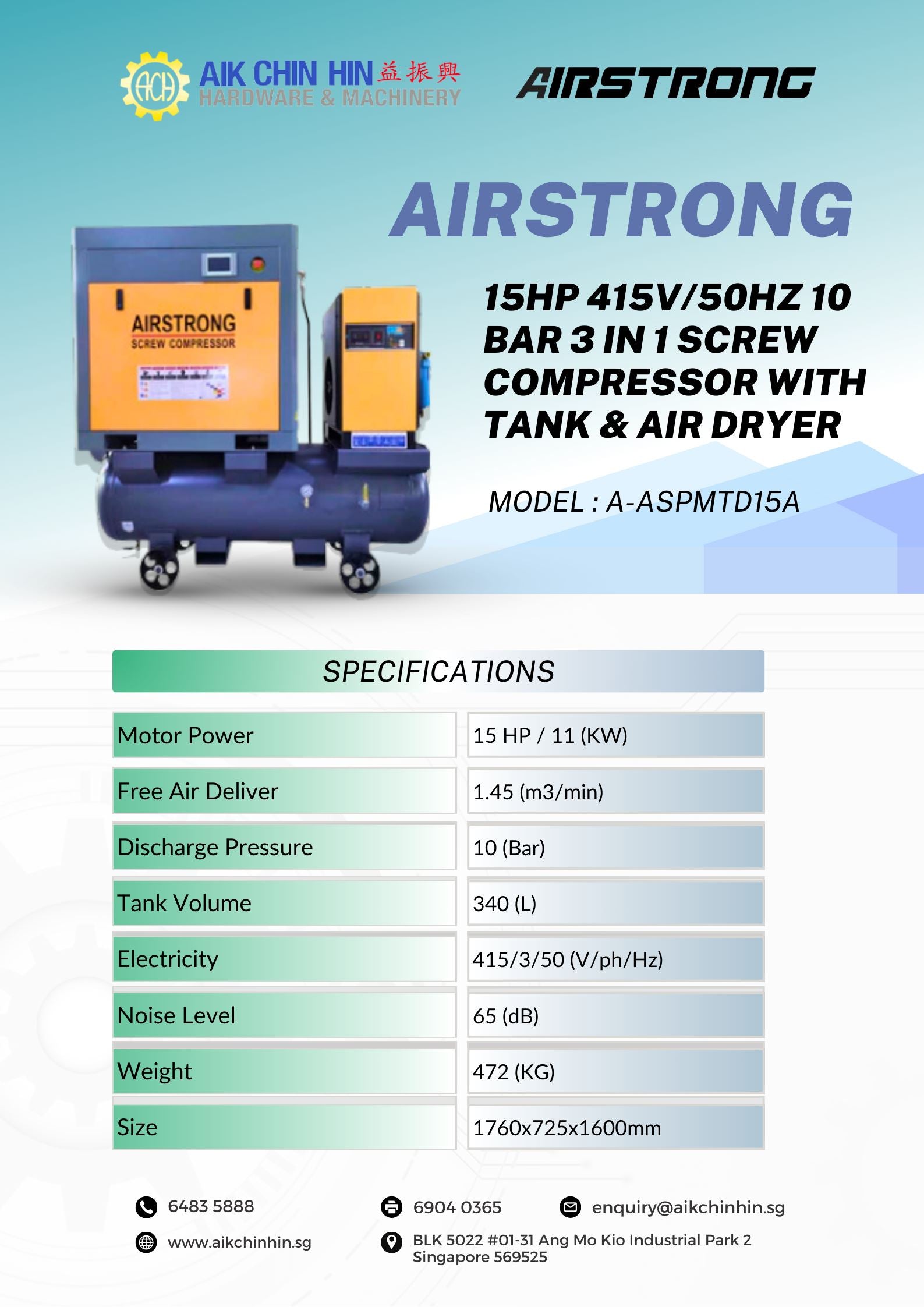 Airstrong 15HP 415V/50Hz 10 Bar 3 in 1 Screw Compressor with Tank & Ai