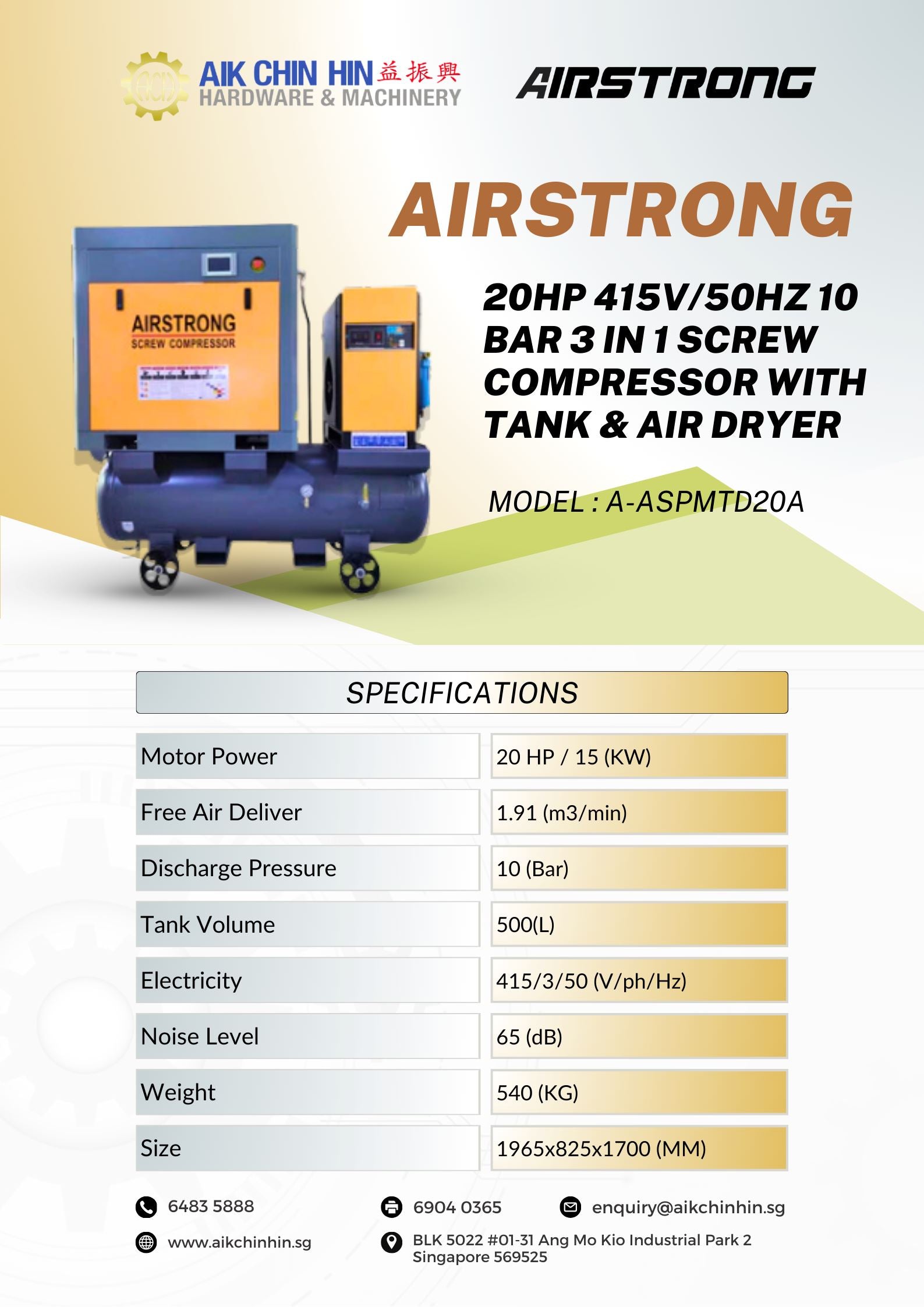 Airstrong 20HP 415V/50Hz 10 Bar 3 in 1 Screw Compressor with Tank & Ai