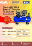 Airstrong 3HP 100L 1 Stage 240V Aluminium Air Compressor | Model : ASSA30-100L Air Compressor Airstrong 