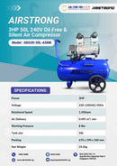 Airstrong 3Hp 50L 240V Oil Free & Silent Air Compressor | Model : GDG30-50L-ASME Air Compressor Airstrong 