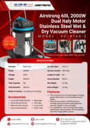 Airstrong 60L 2000W Dual Italy Motor Stainless Steel Wet & Dry Vacuum Cleaner | Model : VC-HT60-2 Wet & Dry Vacuum Cleaner AIRSTRONG 