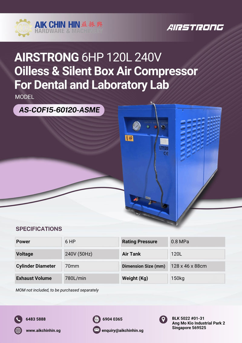 AIRSTRONG 6HP 120L 240V Oilless & Silent Box Air Compressor For Dental and Laboratory Lab | Model : AS-COF15-60120-ASME Air Compressor AIRSTRONG 