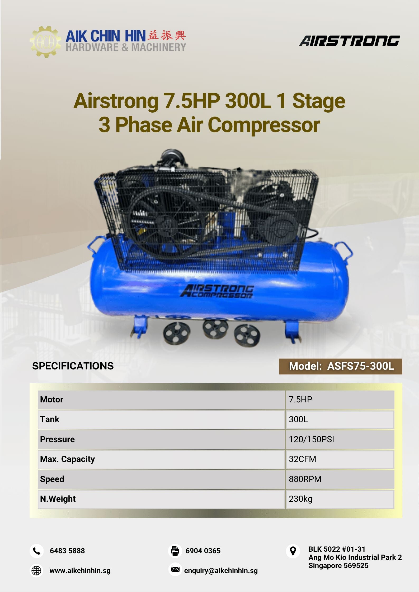 Airstrong 7.5HP 300L 1 Stage 3 Phase Air Compressor | Model : ASFS75-3