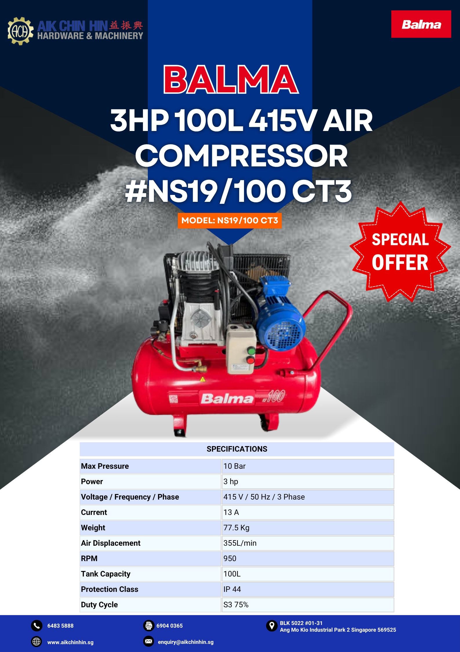 Balma 3HP 100L 415V Air Compressor #NS19/100 CT3 | Model: NS19/100 CT3