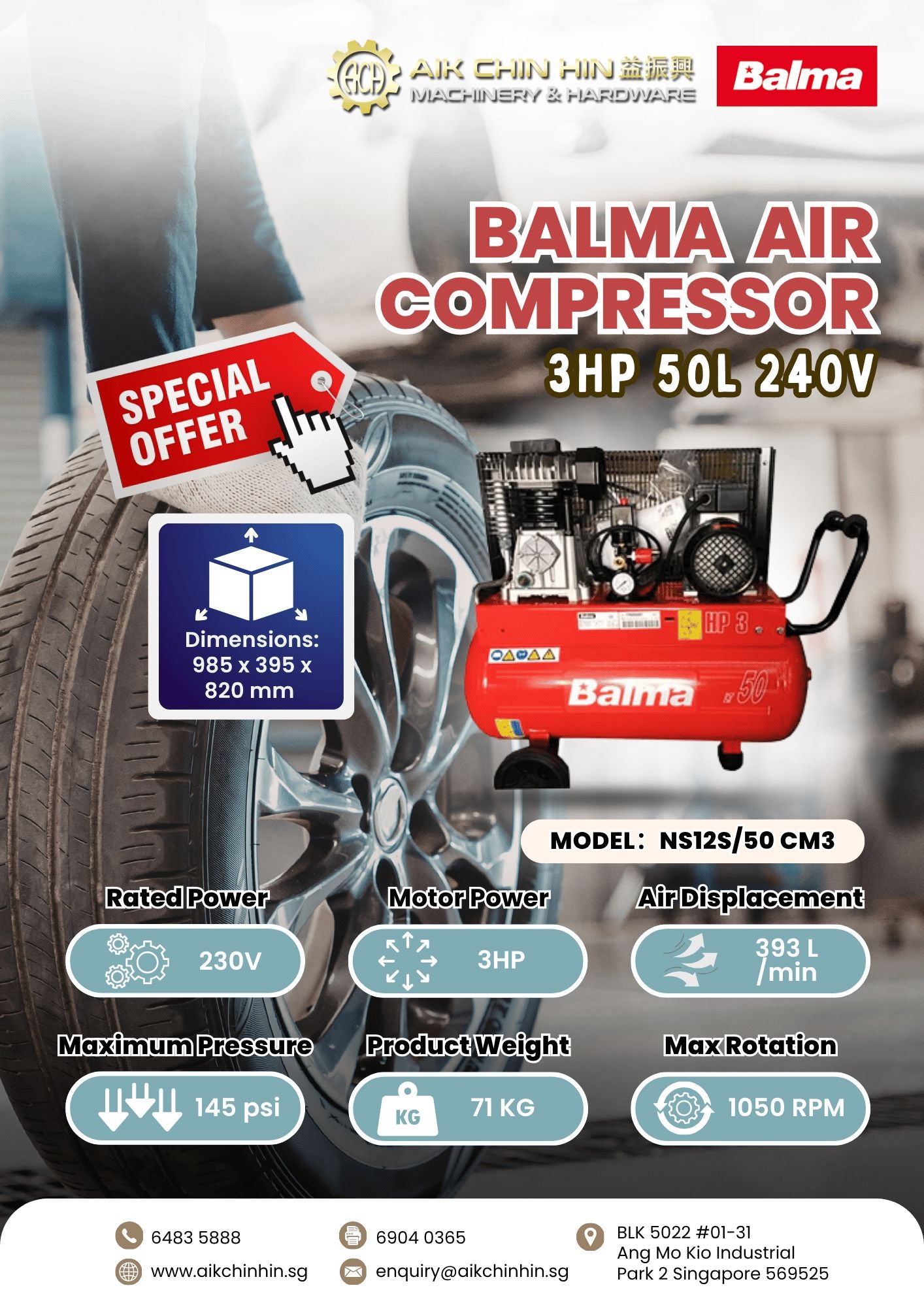 Balma 3Hp 50L 240V Air Compressor | Model : NS12S/50 CM3