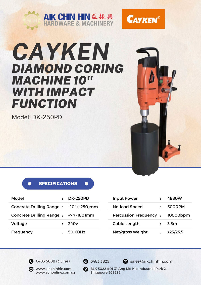 Cayken Diamond Coring Machine 10" with Impact Function | Model : DK-250PD Diamond Core Drill Cayken 